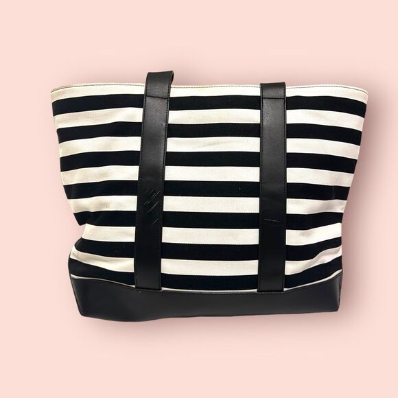 Michael Kors Women's Fulton Black White Striped Canvas Hand Bag / Medium Tote - Picture 2 of 8